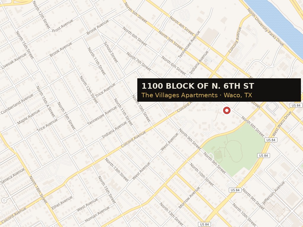 Map of the 1100 block of North 6th Street, Waco, Texas
