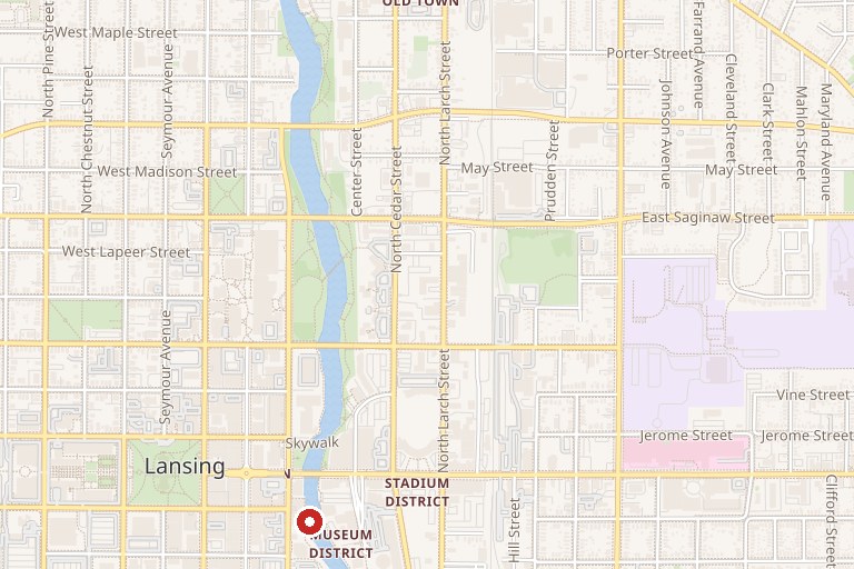 Map of the Lansing River Trail in downtown Lansing, Michigan, along the Grand River