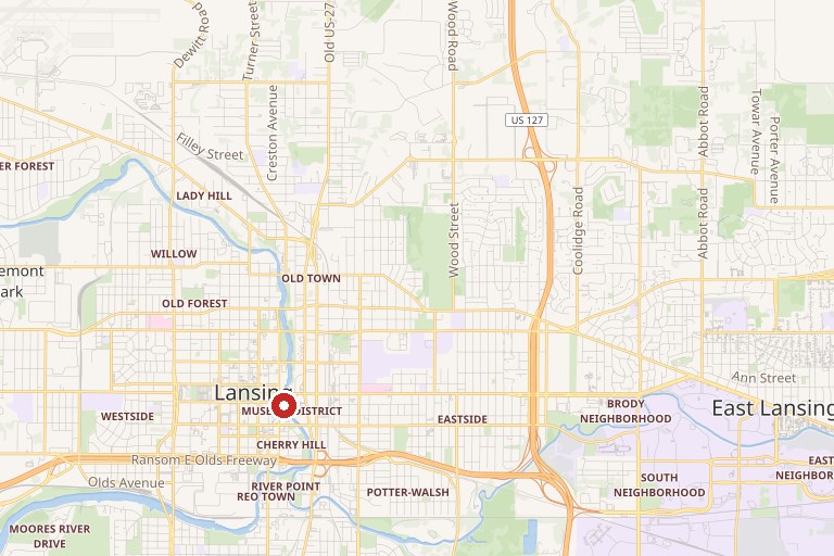 Map of Lansing, Michigan, showing the Lansing River Trail along the Grand River